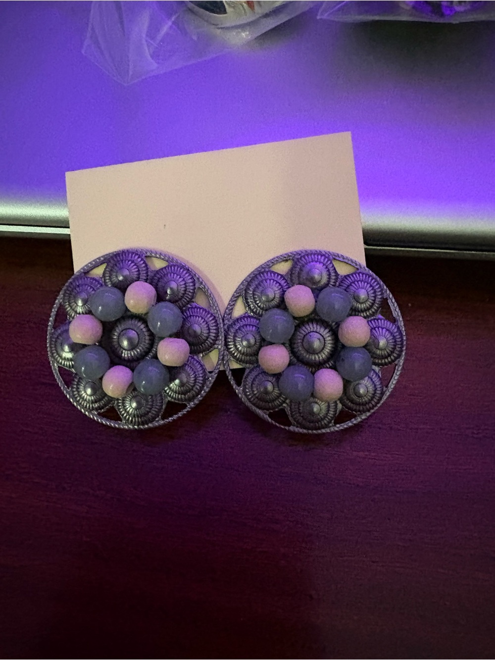 Silver Filigree Button Earrings with Blue and Cream Beads